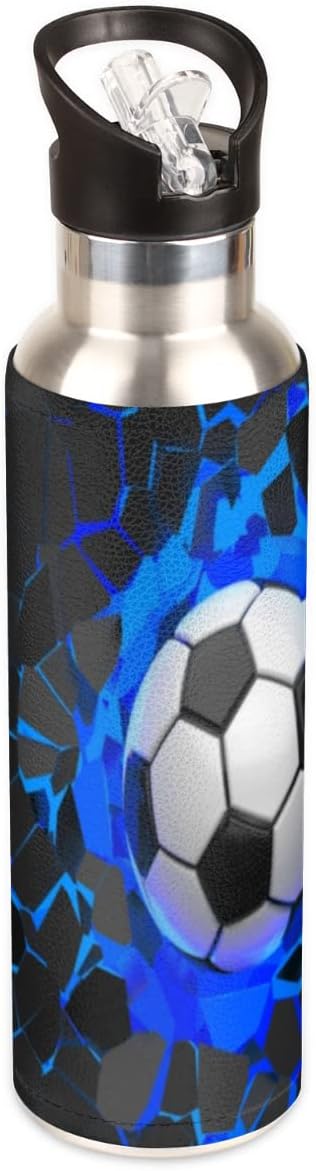 Insulated Stainless Steel Water Bottle with Straw 20oz Blue Black 3d Sport Soccer Football Sports Water Bottles BPA Free Leakproof Metal Vacuum Flask Jug for Kids Gym Fitness