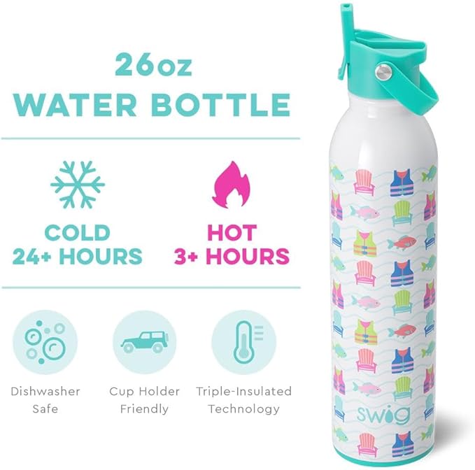 Swig Life 26oz Insulated Water Bottle with Straw & Flip + Sip Handle | Leak Proof, Dishwasher Safe, Cup Holder Friendly, Stainless Steel Water Bottle (Lake Girl)