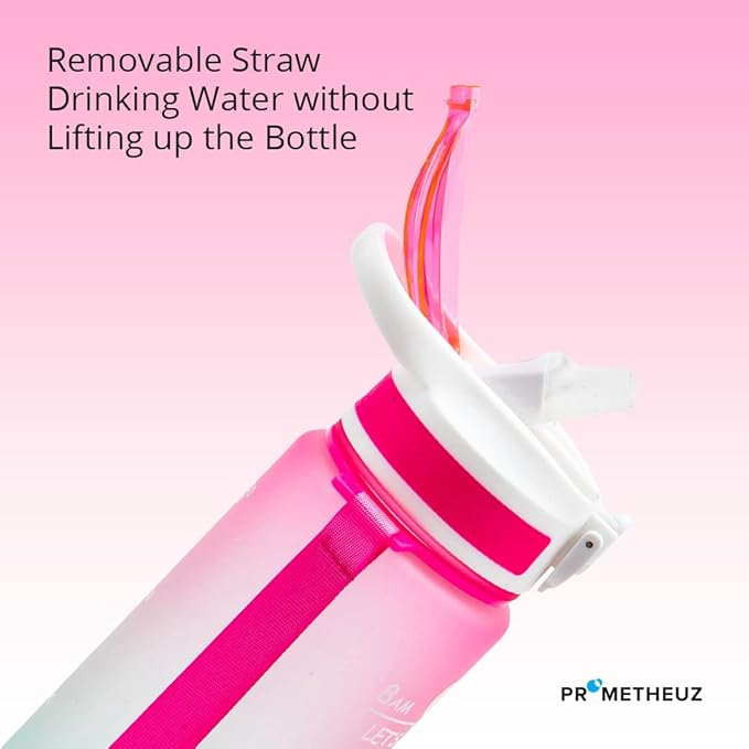 Prometheuz 32oz Water Bottle with Straw, Motivational Water Bottle with Time Marker, Water Bottles Leakproof & BPA-Free for Sports, Work and Fitness Pink Mint