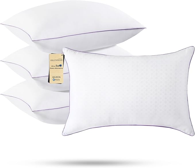 JOLLYVOGUE Pillows Queen Size Set of 4, Bed Pillows Set of 4, Cooling and Supportive Pillows with Super Soft Down Alternative Fill, Luxury Fluffy Hotel Quality for Side, Back, and Stomach Sleepers