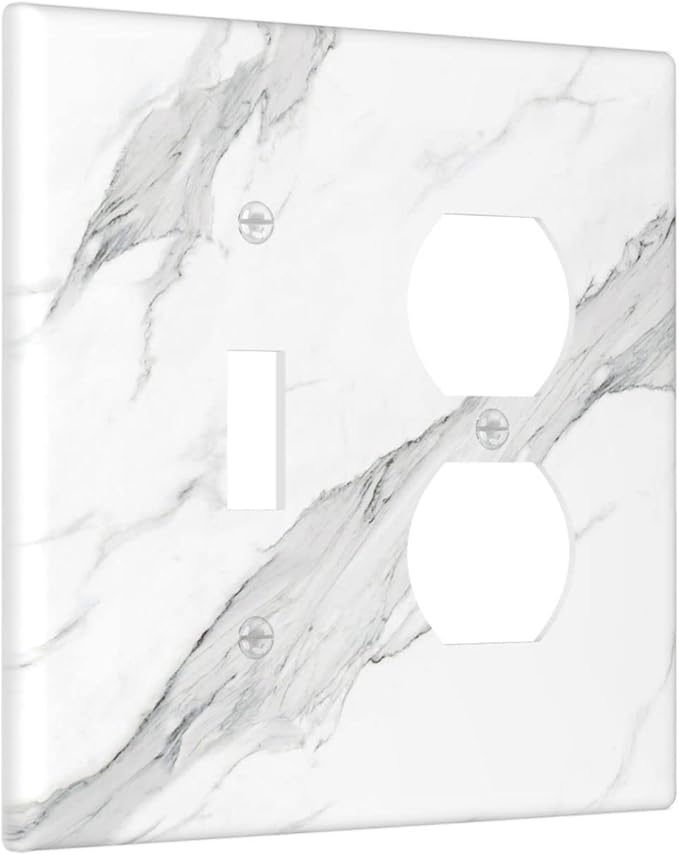 Marble Grey Wall Plate Decorative Light Switch Cover 2-Gang Combo Toggle/Duplex Outlet Faceplate for Bedroom Kitchen Farmhouse White