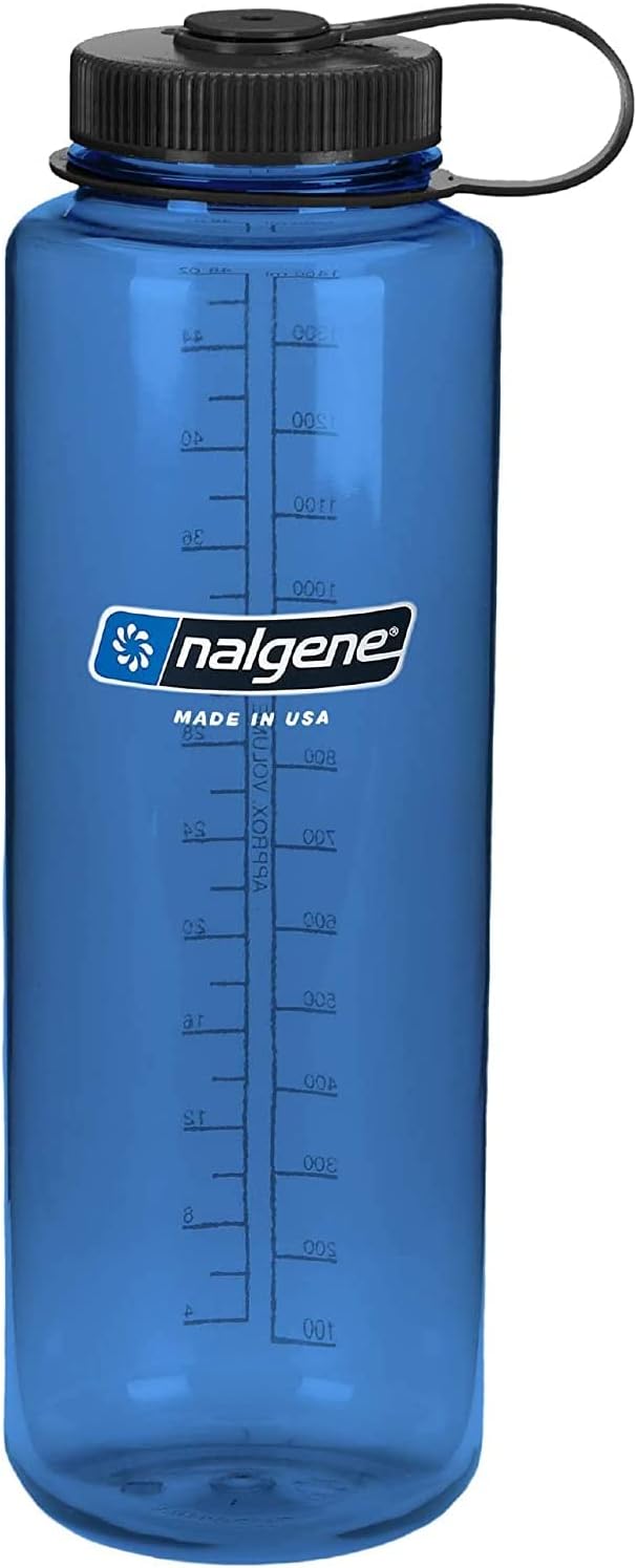 Nalgene Sustain Tritan BPA-Free Water Bottle Made with Material Derived from 50% Plastic Waste, 48 OZ, Wide Mouth, Blue & On The Fly Bottle Replacement Lid (Black/Gray), 22oz