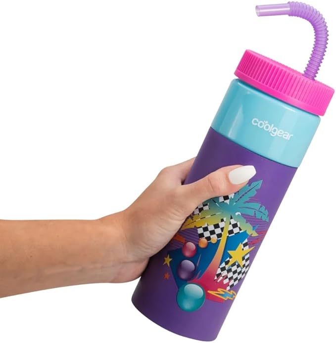 COOL GEAR 24oz Plastic Retro Squishy Water Bottle (palm-trees, purple)