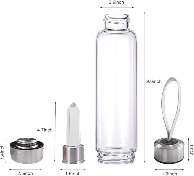 Crystal Glass Water Bottle,Water Bottle With Gemstone Center Crystal Elixir Bottle,Removable Gemstones Creative Water Cup Crystal Column Magic Wand Energy Cup for Gifts (S-White Smelting Stone)