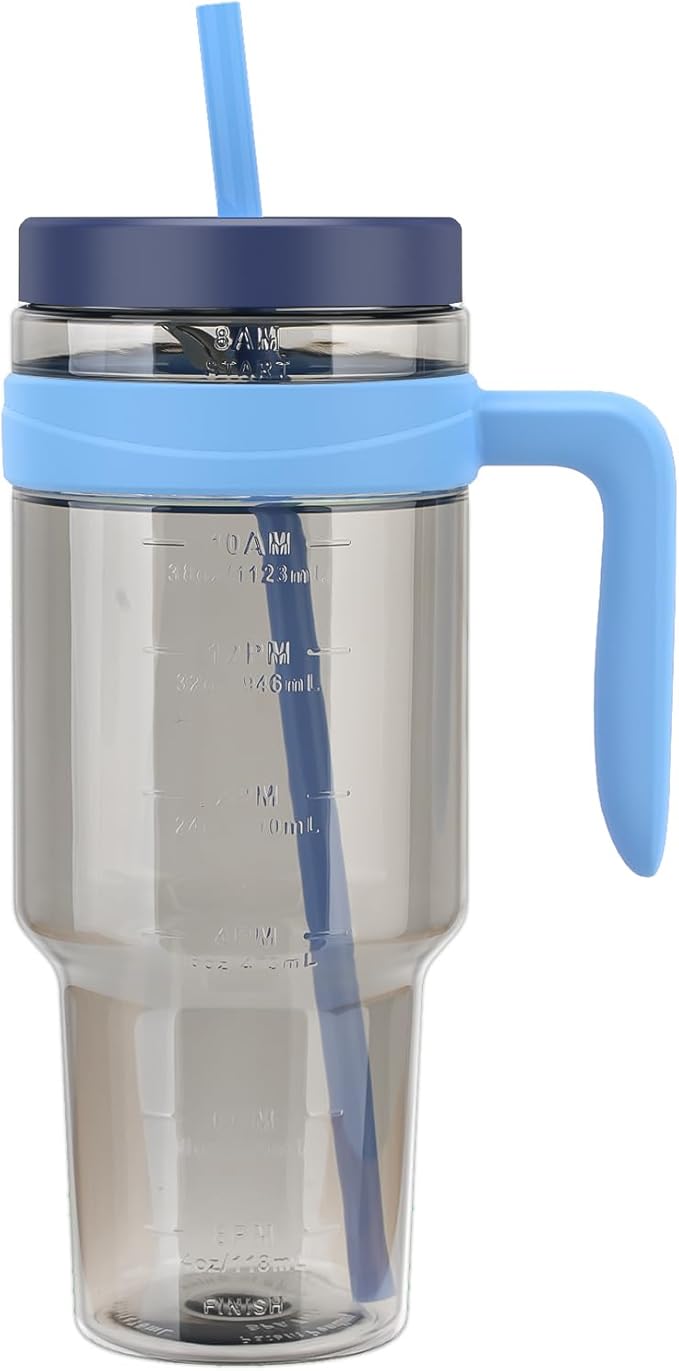 Tronco 50 oz Tritan Plastic Tumbler with Lid and Straw, BPA-Free Reusable Clear Water Bottle with Time Marker, 100% Leak Proof & Wide Mouth for Iced Coffee, Juice, Bubble Tea, Smoothies