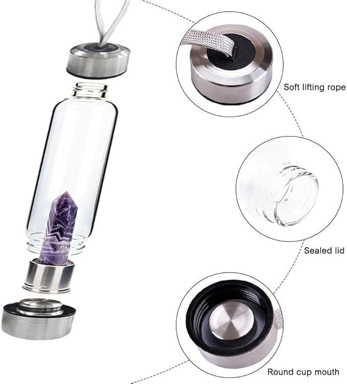 Crystal Glass Water Bottle,Water Bottle With Gemstone Center Crystal Elixir Bottle,Removable Gemstones Water Cup Crystal Column Magic Wand Energy Cup for Gifts (R-Dream Amethyst)
