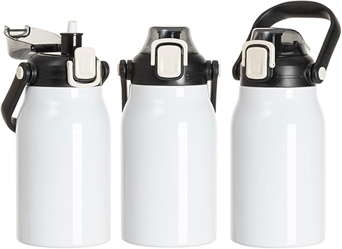 PYD Life 3 Pack Sublimation Water Jugs Bottles Vacuum Flasks White Blanks 32 OZ with Portable Sippy Up Lid and Straw Large Stainless Steel Travel Tumblers Cups Mugs for Tumbler Heat Press Printing