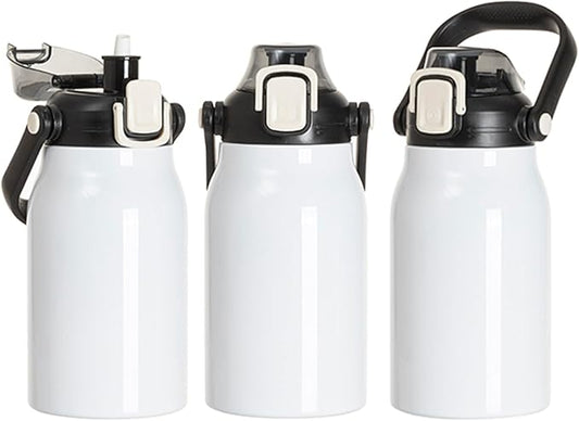 PYD Life 3 Pack Sublimation Water Jugs Bottles Vacuum Flasks White Blanks 32 OZ with Portable Sippy Up Lid and Straw Large Stainless Steel Travel Tumblers Cups Mugs for Tumbler Heat Press Printing