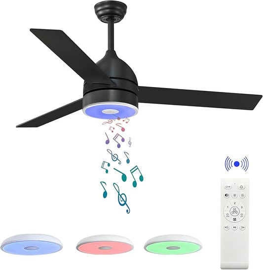 Black 60 Inch Ceiling Fan with RGB Dimming LED Light,with Music Bluetooth Speaker,with Remote Control,3-Speed Regulation, Reversible Motor,Timing,for Living Room,Bedroom,Restaurant