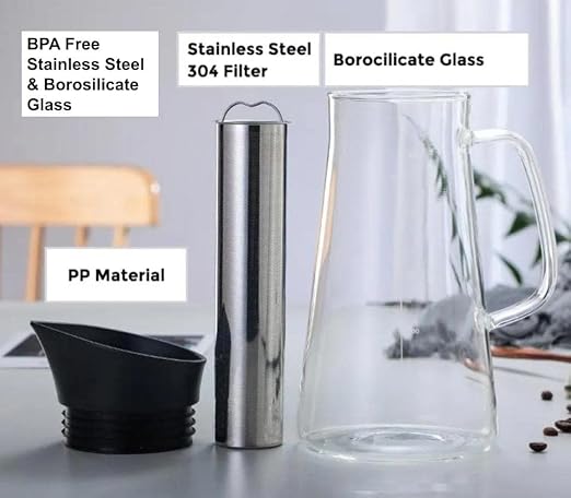 Alkaline Water Filter Pitcher with Infuser, Glass Pitcher with Lid 1.5L | 9.5 pH Alkaline Filters | Tea Pitcher | Borosilicate Glass | Infuser Pitcher (100g Filter)