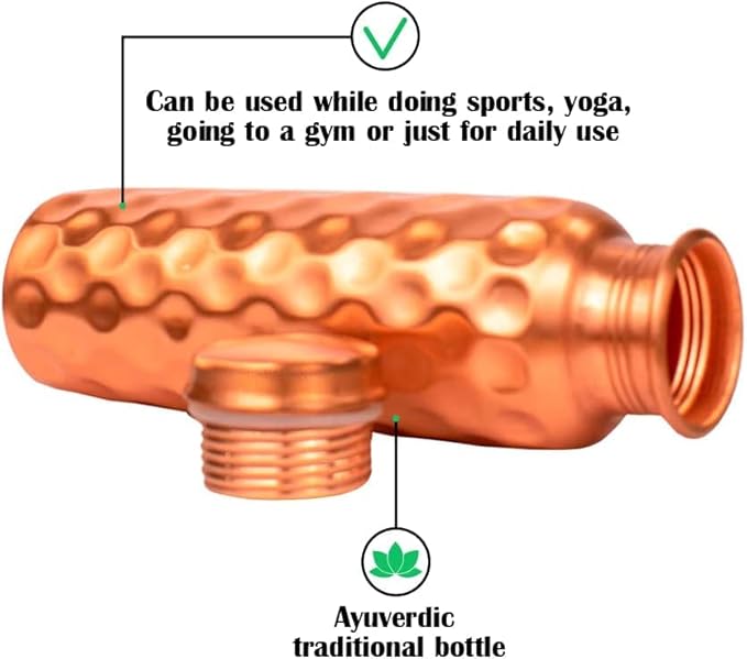 Copper Water Drinking Bottle Ayurvedic Health Benefits Diamond Pattern Water Bottle (1 Bottle and 1 Glass)