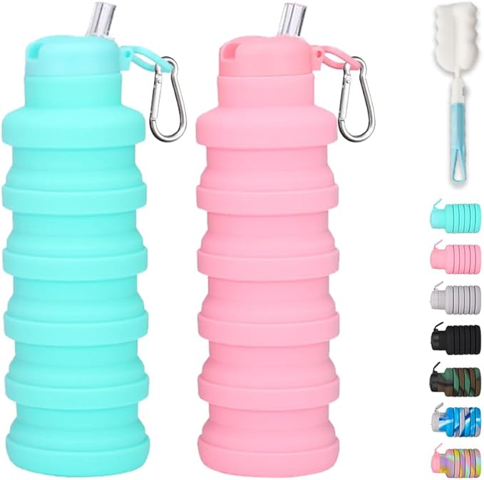Collapsible water bottles 2 Pack with brush,BPA Free Travel Silicone Water Bottle with Carabiner,Reusable Foldable Portable Lightweight Sports bottles for Gym Camping Hiking (Pink+Aqua blue)