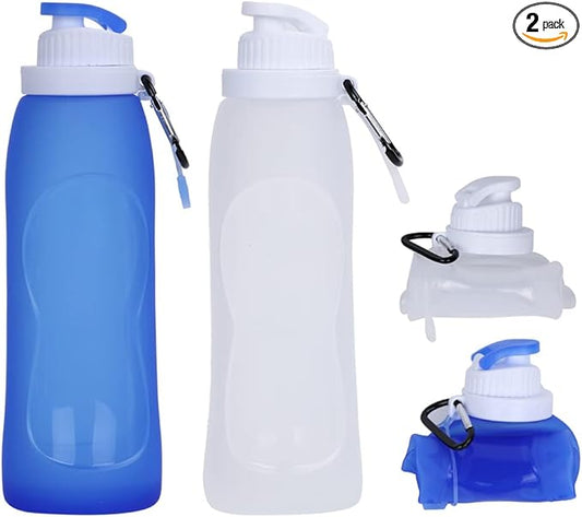 Collapsible Water Bottles(2 Count), MCOMCE Foldable Water Bottles for Travel & Collapsable Water Bottle with Clip for Backpack, Portable Silicone Water Bottle, Collapse Water Bottles for Travel
