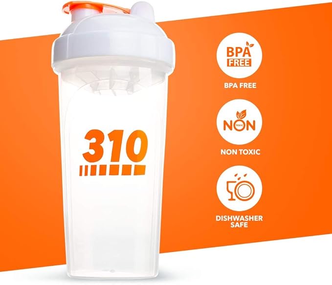 310 Nutrition Protein Shaker Bottle Meal Replacement Blender Cup For Mixing Protein Powders, Lemonade Mix, And Pre Workout (Clear w/White Lid)