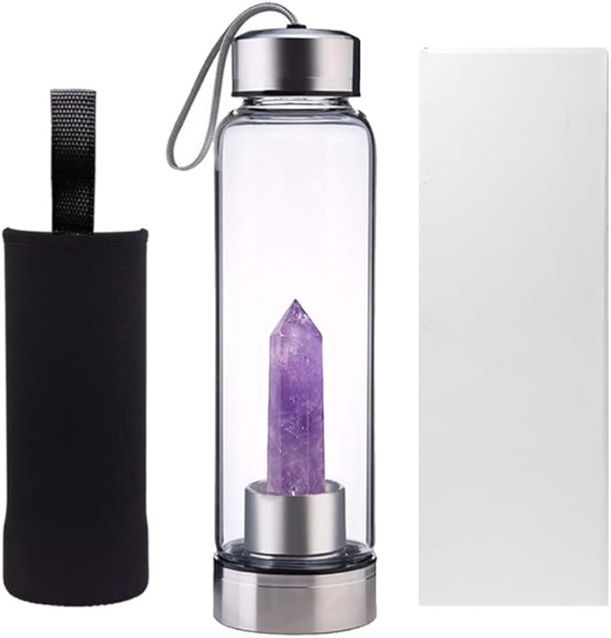 Crystal Glass Water Bottle,Water Bottle With Gemstone Center Crystal Elixir Bottle,Removable Gemstones Creative Water Cup Crystal Column Magic Wand Energy Cup for Gifts (Q-Amethyst)