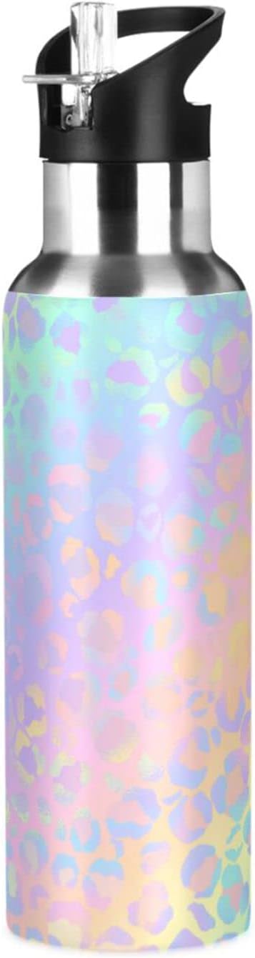 senya 34 Oz Water Bottle with Straw Rainbow Leopard Print Neon Stainless Steel Water Bottle for Traveling Sports Leakproof Insulated Water Bottle