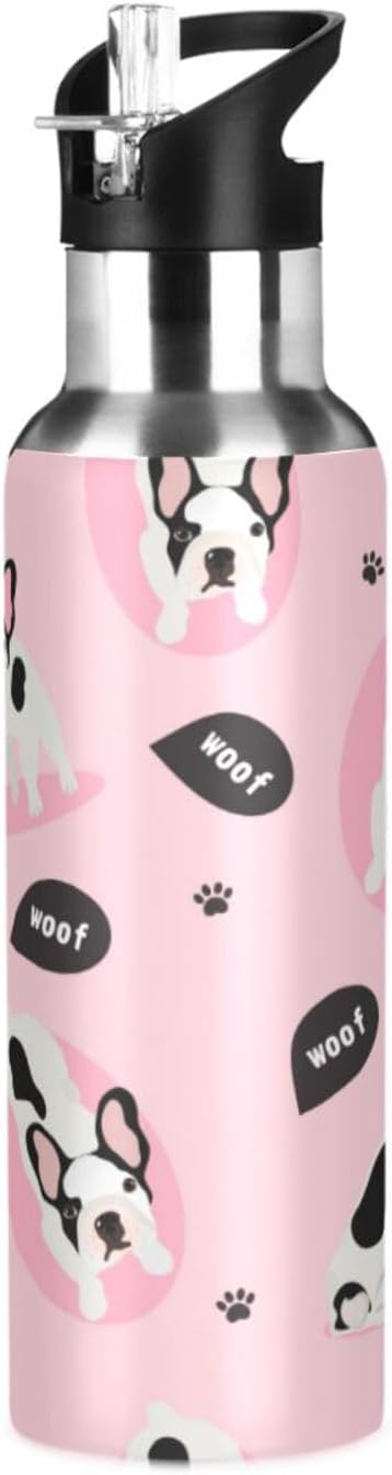 ALAZA Cute French Bulldog Puppy Dog Water Bottle With Straw Lids Boys Girls,Vacuum Insulated Leakproof Stainless-Steel Sports Bottle Thermal Flask For Gym Yoga Camping,20Oz (600Ml)