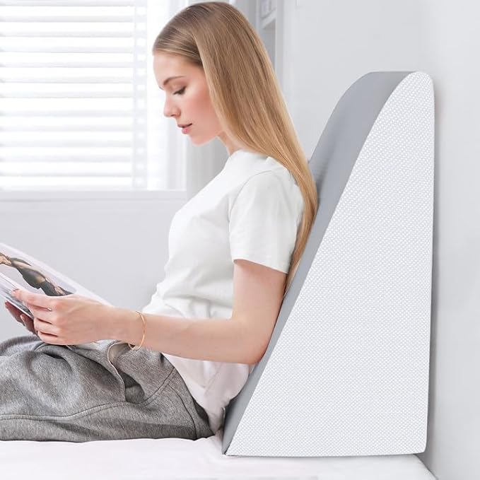 QUINEEHOM Bed Wedge Pillow for Sleeping, 12 Inch Triangle Bed Wedge for Adults, Memory Foam Wedge with Washable Cover, Hypoallergenic 30 Degree Pillow for Acid Reflux, Knee, Snoring, White&Grey