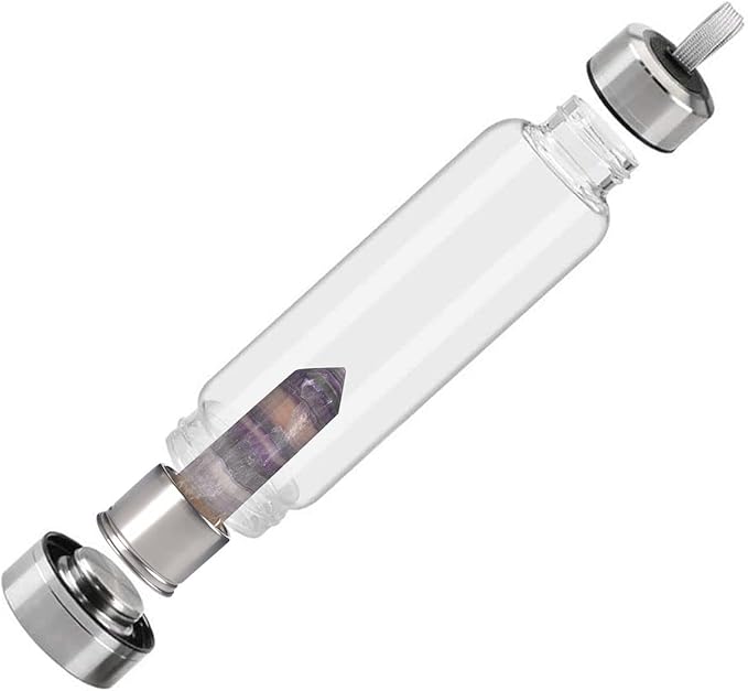 Crystal Glass Water Bottle Energy Quartz Gemstone Water Bottle with Changeable Natural Crystal Center for Healing and Wellness Bright Colorful Fluorite