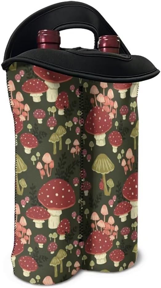 doginthehole Mushroom Neoprene Wine Tote Bags for 2 Wine Bottle, Portable Travel Carrying Case for Champagne/Water Bottle/Beer/Drinks Carriers Bag, 750 ML Wine Bottle Insulated Sleeve