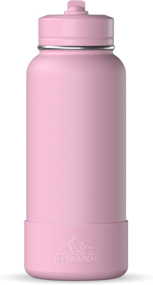 Hydrapeak 32oz Sport Insulated Water Bottle with Straw or Chug Lid, Leak & Spill Proof, Keeps Drinks Cold for 24 Hours, Hot for 12 Hours, Premium Stainless Steel Water Bottles (32oz, Cotton Pink)