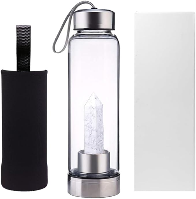 Crystal Glass Water Bottle,Water Bottle With Gemstone Center Crystal Elixir Bottle,Removable Gemstones Creative Water Cup Crystal Column Magic Wand Energy Cup for Gifts (L-Turquoise)