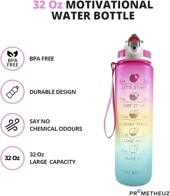 PROMETHEUZ Sports Water Intake Reminder Bottle with Time Marker and Straw, Leakproof Tritan BPA-Free, Fast Flow, Pink Yellow Mint, 32 oz