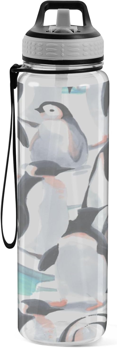 Kigai Cute Penguin Clear Water Bottle with Straw Lid, BPA-Free Leakproof Sport Water Bottle 32oz Large Gym Water Jug for Men Women Travel Fitness Outdoor
