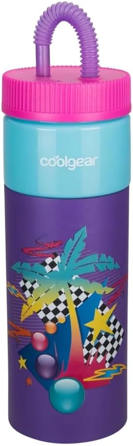 COOL GEAR 24oz Plastic Retro Squishy Water Bottle (palm-trees, purple)