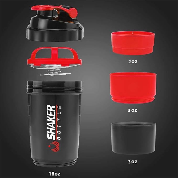 Protein Shaker Bottle,16 oz Shake Cup for protein powder with Storage,Sports Water Bottle,Non Slip 3 Layer Twist Off 3oz Cups with Pill Tray Leak Proof Shake Bottles for Protein Mixes