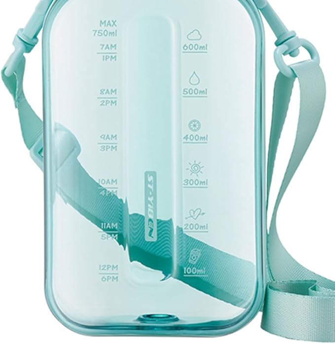 750ML Square Transparent Water Bottle, Cute Sports Water Jug with Adjustable Strap, Portable Motivational Water Bolttles for Travel, Hiking and Outdoor Workouts