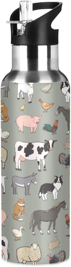 Farm Animals Pattern Stainless Steel Water Bottle with Straw, BPA Free Reusable Leakproof Water Jug for Fitness Camping Outdoor Sports