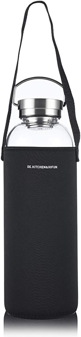 DE.KITCHEN&HIFUN Glasss Water Bottle 64oz, Large Borosilicate Glass 2L for Juice, Glass Water bottle with Steel Cap Filter (1)