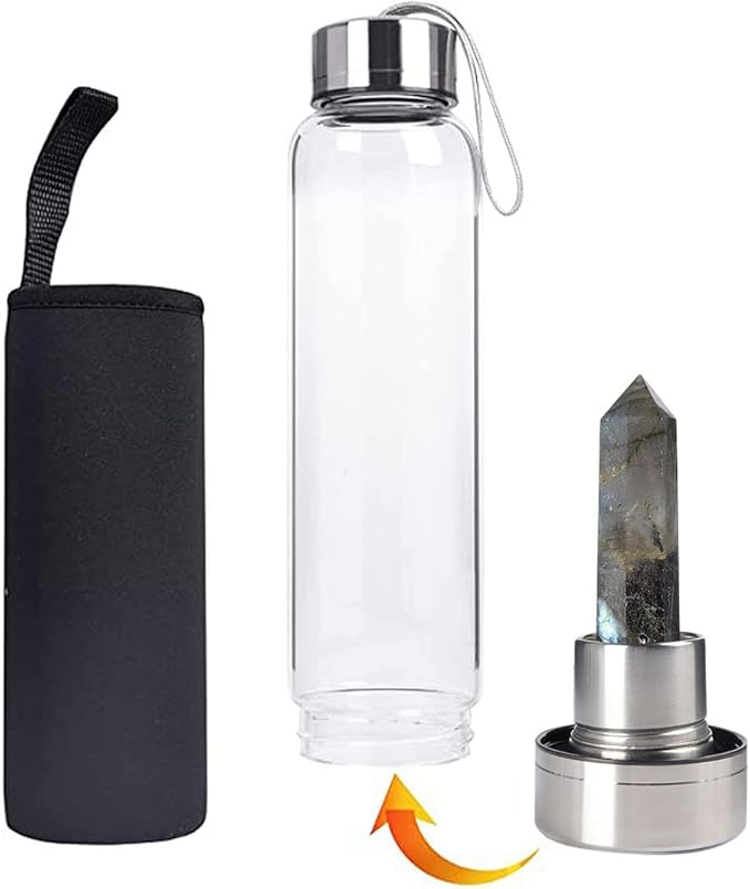 Crystal Glass Water Bottle, Glass Water Bottle with Changeable Natural Crystal Center, Quartz Gemstone Water Bottle for Natural