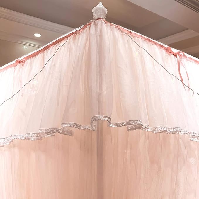 Mengersi Canopy Bed Curtains with Lights,4 Corner Bed Canopy Royal Luxurious Bed Drapes Netting,Princess Bed Curtains for Girls Adults Bedroom Decoration (Peach, Full)