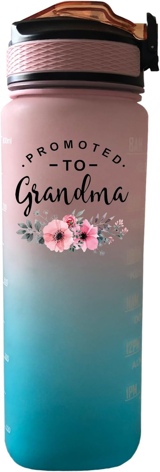 Promoted To Grandma 32 OZ Drinking Water Bottle with Times to Drink and Straw, Motivational with Carrying Strap, Leakproof BPA & Toxic Free, Ensure You Drink Enough Water for Fitness Outdoor