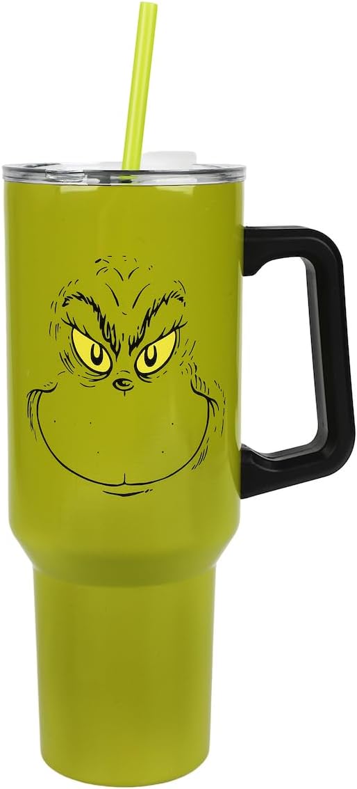 Bioworld Grinch Grinning Face 40 Oz Green Stainless Steel Tumbler With Handle