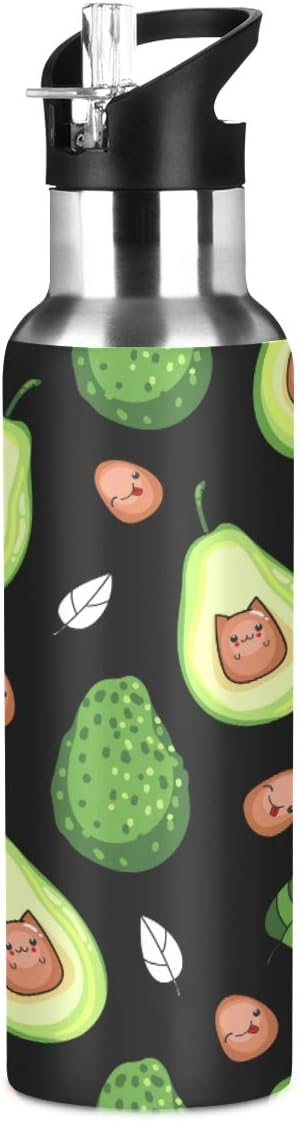 Kawaii Avocado Fruit Water Bottle with Straw Lid for Fitness Gym Camping Outdoor Sports, Wide Mouth Vacuum Insulated 18/8 Stainless Steel, 22 oz