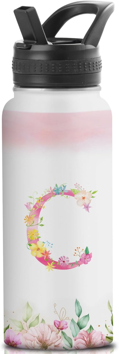 Personalized 32oz Water Bottle with Straw Customized Initial Letter Sport Bottles Monogrammed Initial Insulated Bottle Coffee Mug for Travel (C)