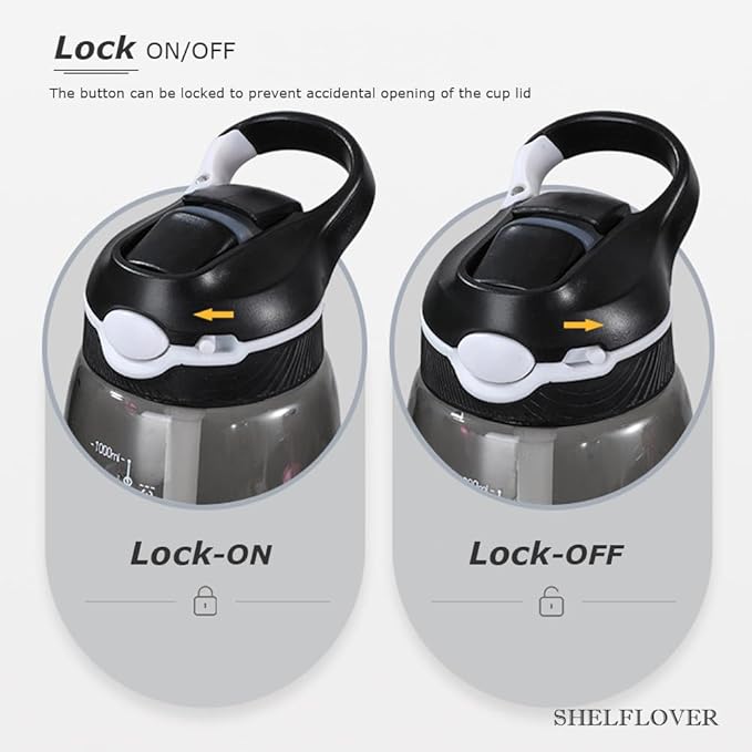 SHELFLOVER Black Water Bottle With Narrow Straw, BPA FREE Clear Bottles With Handle One Hand Use Easy Carried, Flip Up, Suit School, Office, Gym, Office For Men, 32oz (1000ml)