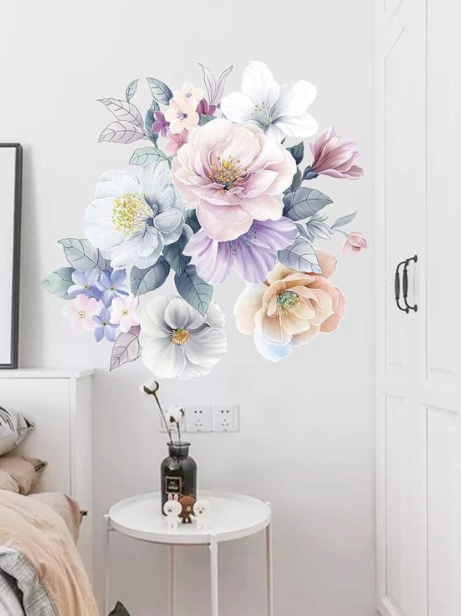 Peony Wall Decal Peonie Wall Sticker Kids Flower Wall Decals Watercolor Floral Removable Peel n Stick for Kids Livingroom, Nude Pink, fx-d96