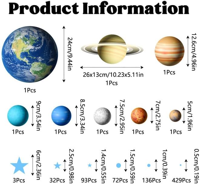 Glow in The Dark Solar System Wall Decals,Glow in The Dark Stars Solar System Wall Decals,Sun and 8 Major Planets Wall Decals for Bedroom, Nursery Wall Stickers for Bedroom (Blue)