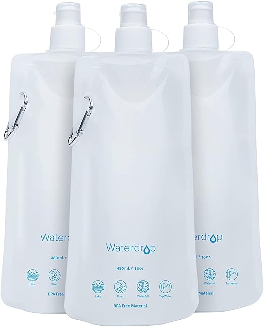 Waterdrop Water Pouch for Drinking, Hiking Water Bag, Pouch Water Bottle, Compatible with Filter Straw, Reuseable, Foldable, BPA-Free, 16 oz, Pack of 3