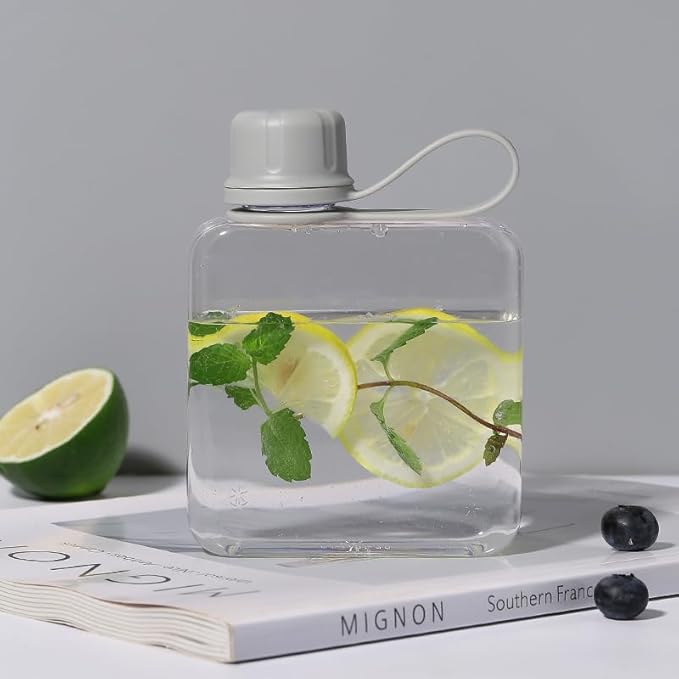Tritan Transparent Flat Water Bottle samll Water Bottle Slim Square Pocket Bottle Water Flask, BPA Free/Slim Design/Leak Proof Water Bottle for Travel, Outdoor, Sports, Camping (Grey, 320ML)