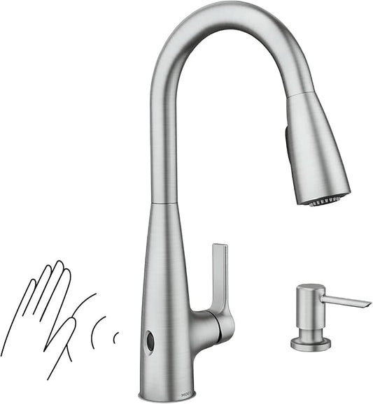 Moen Haelyn Spot Resist Stainless Touchless Single-Handle Pull-Down Sprayer Kitchen Faucet with Soap Dispenser, Features Power Clean for a Faster Wash, 87627EWSRS