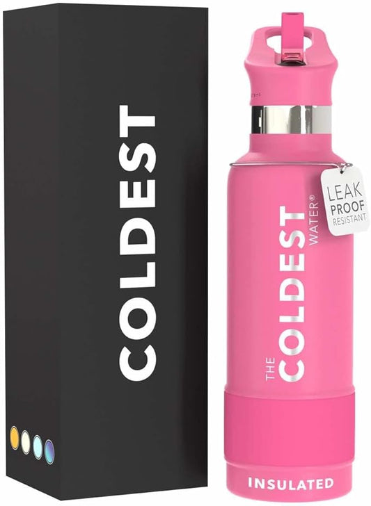 Coldest Water Bottle with Standard Mouth Straw Lid Metal Thermos Vacuum Insulated Stainless Steel l Reusable Leak Proof Cupholder Flask (21 oz, Flamingo Pink)