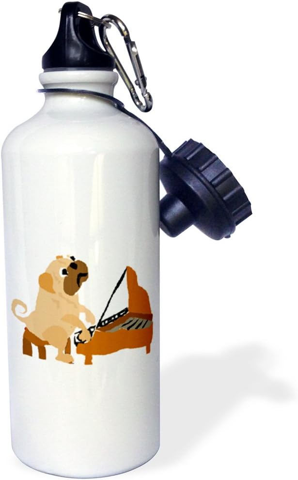 3dRose Funny Pug Dog Playing The Piano Sports Water Bottle, 21 oz, White