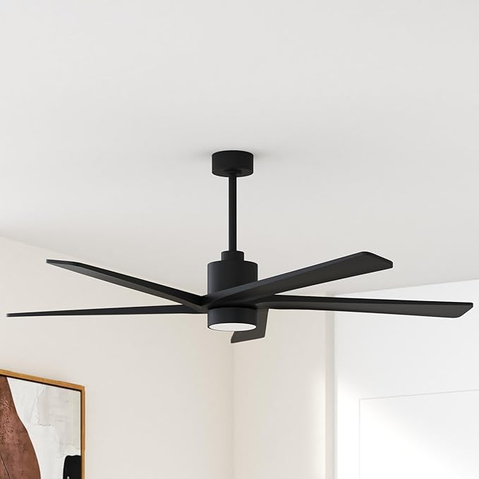 WINGBO 72 Inch DC Ceiling Fan with Lights and 3 Downrods, 5 Reversible Carved Wood Blades, 6-Speed Noiseless DC Motor, Modern Ceiling Fan in Matte Black Finish, ETL Listed