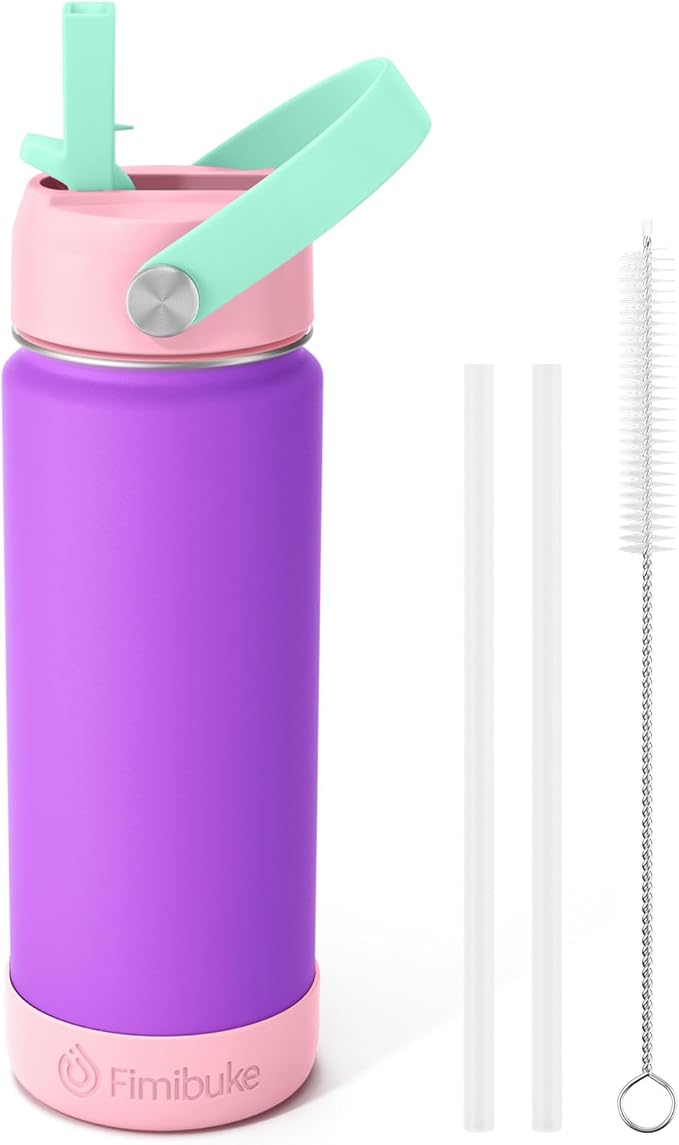 Fimibuke Kids Insulated Water Bottle - 18oz BPA-FREE 18/8 Stainless Steel Kids Cup with Straw Travel Tumbler Double Wall Vacuum Leak Proof Toddler Water Bottle for School Boys Girls(1 Pack, Amethyst)