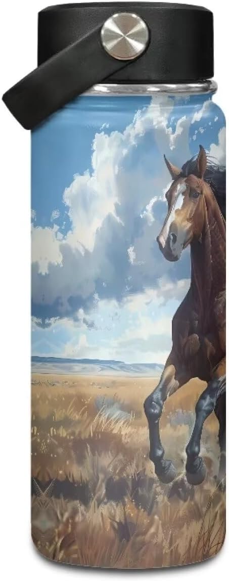 Horse Insulated Water Bottle with Handle 18 Oz Reusable Water Jug Thermal Water Bottles Keeps Iced Water Cold for Hours Sports Bottle